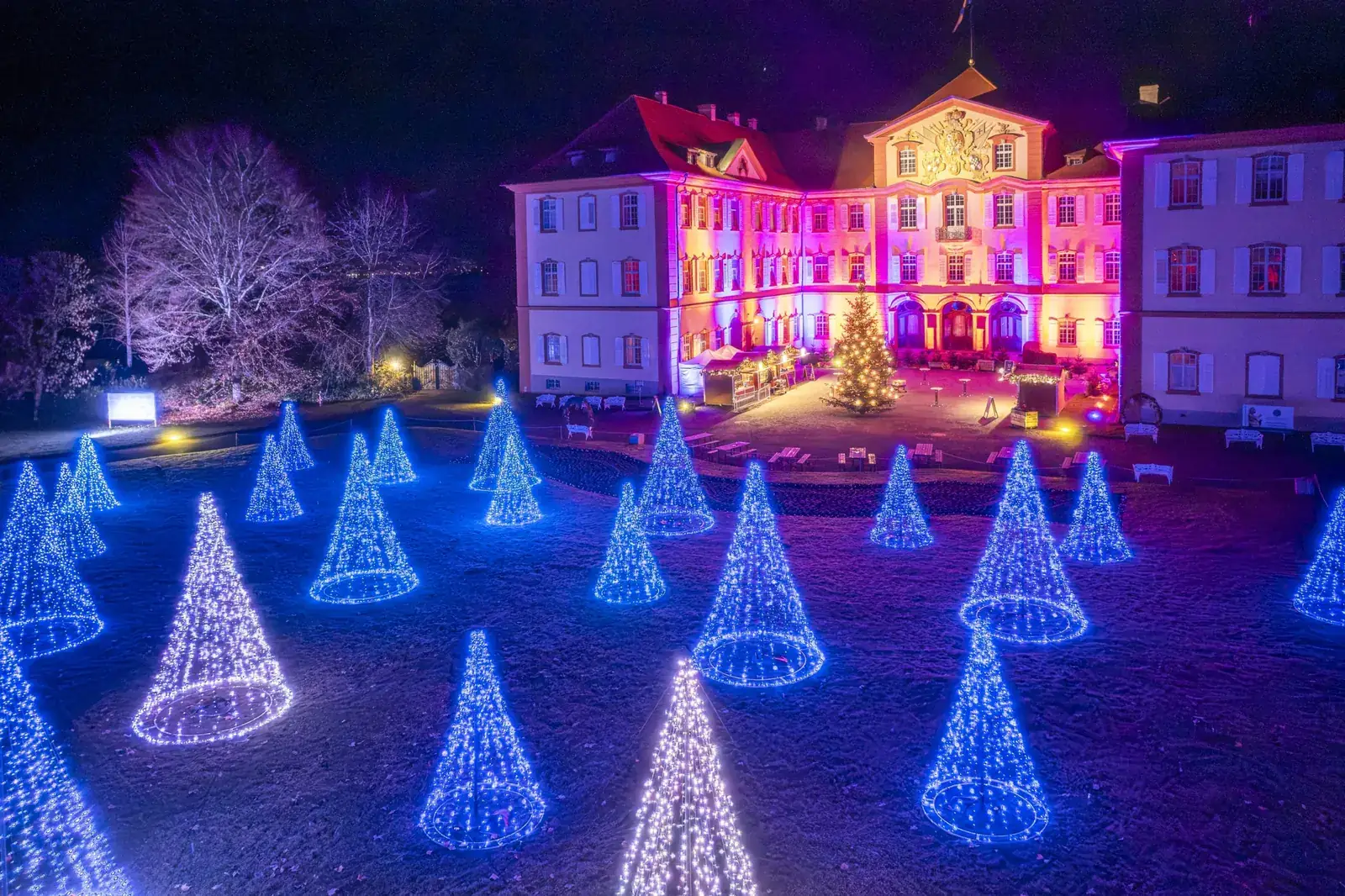 Christmas Garden auf der Insel Mainau mit beleuchtetem Schloss